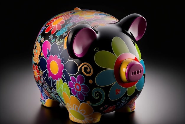 A brightly colored Mexican piggy bank with money falling into the slot, surrounded by traditional Mexican crafts.