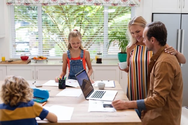 A family of three sitting at a table in their home, reviewing a budget spreadsheet on a laptop. The father is pointing to a specific item in the spreadsheet, while the mother and child are looking on attentively.