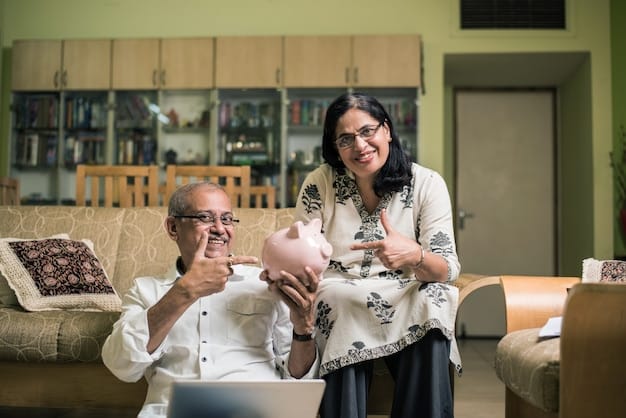 A Mexican family happily putting coins into a piggy bank, symbolizing the importance of saving and financial awareness within the family unit.