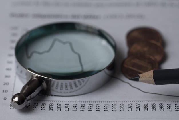 A close-up of a credit report with different sections highlighted, showing payment history, credit utilization, and other relevant data. A magnifying glass is hovering over the report.