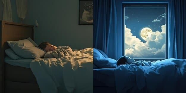 A split image showing both poor sleep inducing environments and positive sleep ones. On one side is a messy, stressful room with electronics and bright lights. On the other, a clean comfortable room with dark curtains and calming decorations