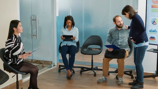 A group of diverse Mexican professionals sitting in a circle in their office, guided by a mindfulness instructor. They are practicing mindful breathing with eyes closed, looking relaxed and focused. A peaceful atmosphere is evident in the room.