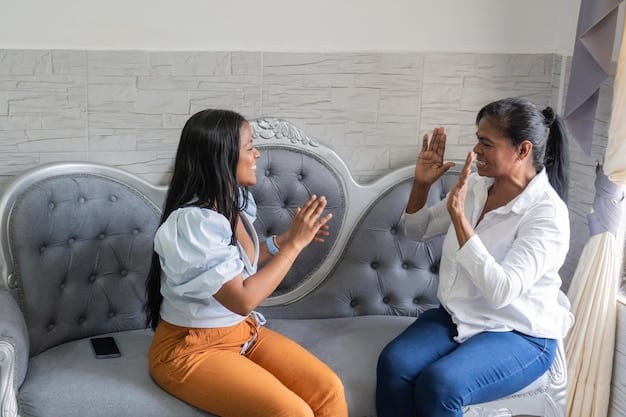 A Mexican woman confidently and assertively communicating her boundaries to a friend in a calm and supportive environment, with both individuals showing respect and understanding.