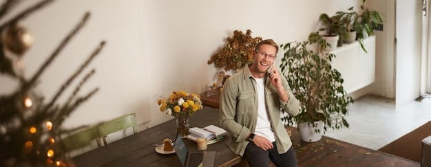 A person sitting comfortably on a sofa in a well-lit living room, smiling while talking to their partner. The focus is on conveying a sense of connection, understanding, and happiness in the relationship.