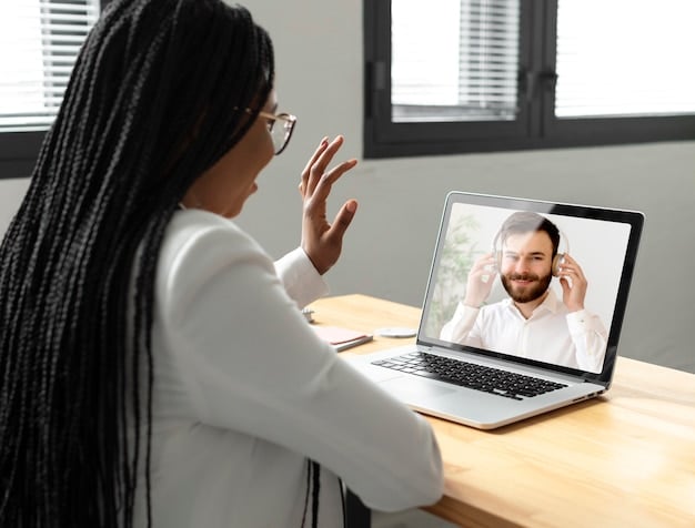 A laptop displaying a video call with a therapist, showing a friendly and reassuring face. The setting is a modern and comfortable home office. Focus on conveying a sense of trust, professionalism, and empathy.