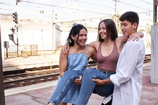 Three young adults in Mexico City sitting next to each other, each engrossed in their smartphones, ignoring each other. The background is a bustling cafe scene, emphasizing the contrast between online connection and real-life disconnection.