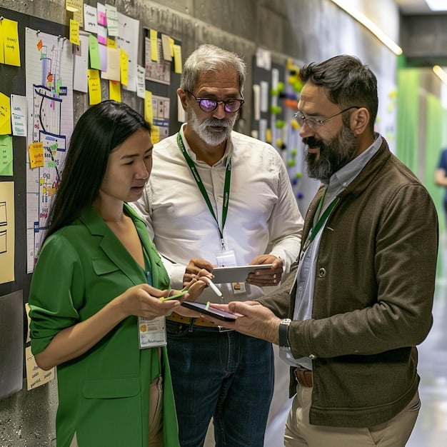 A group of Mexican entrepreneurs collaborating in a modern office space, brainstorming ideas and strategizing on a whiteboard. The image emphasizes teamwork, planning, and the shared responsibility of managing risks in a business venture.