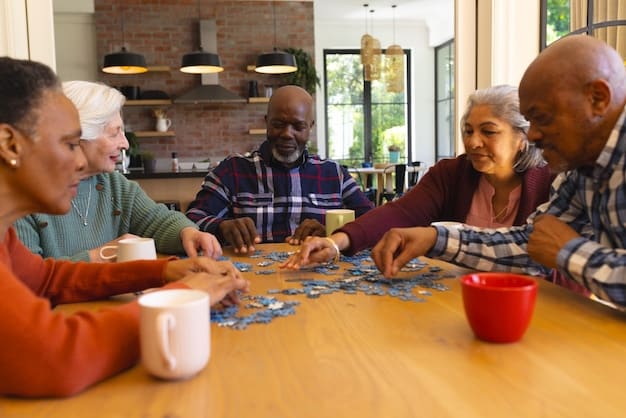A heart-warming image of a group of elderly Mexican people laughing and chatting together while playing dominoes in a community center, depicting an active and supportive social environment.