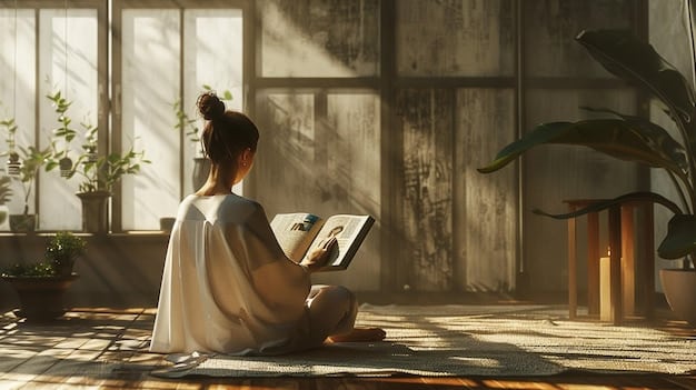 A person meditating in a quiet room with a notebook and pen nearby. The scene is peaceful and promotes the idea of combining mindfulness with writing for therapeutic purposes. The lighting is soft and natural, enhancing the feeling of serenity.