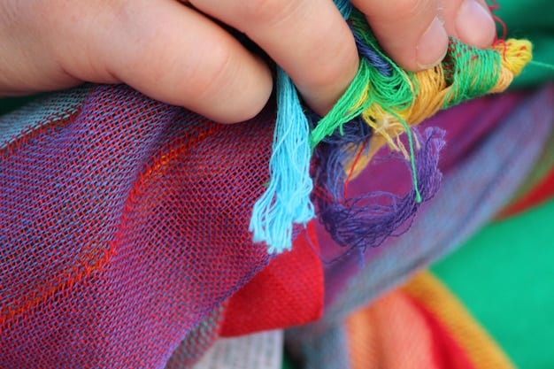 A close-up shot of hands weaving with colorful Mexican wool, showcasing the texture and vibrant colors.