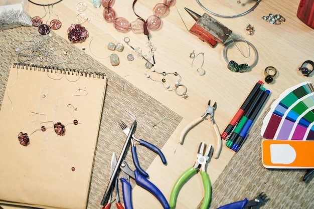 Detailed image of various jewelry making tools like pliers, wire cutters, and tweezers scattered around a collection of vibrant chaquira beads and different gauges of jewelry wire on a crafting table with natural light. Focus on the textures and colors of the materials.