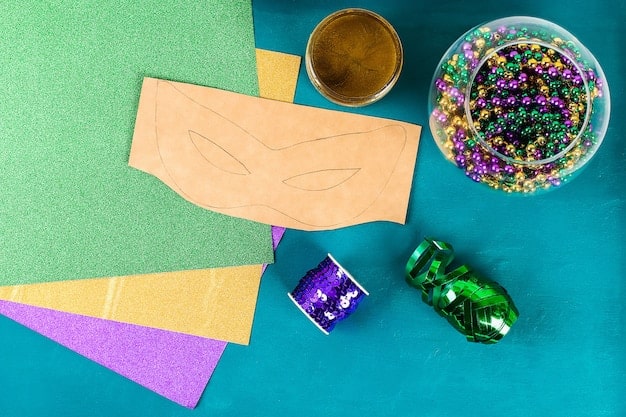 A high-angle shot showing various colorful felt sheets, sequins, needles, thread, scissors, and a template pattern for a lucha libre mask laid out on a wooden table, creating a visually appealing crafting scene.