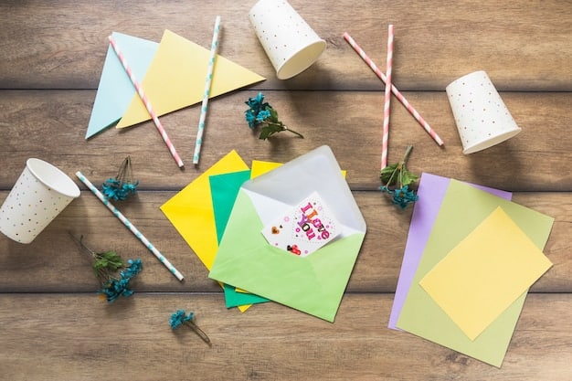 A top-down shot of a collection of various recycled greeting cards, each with a unique design. One card features a collage of colorful paper scraps arranged in a mosaic pattern, another showcases pressed flowers and leaves delicately glued onto a neutral background, and a third card displays a whimsical scene created with colorful buttons and ribbons.