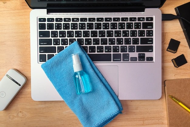A well-lit workstation with wireless earbuds, a microfiber cloth, cotton swabs, and a small brush laid out neatly. Focus on the organization and cleanliness of the workspace.