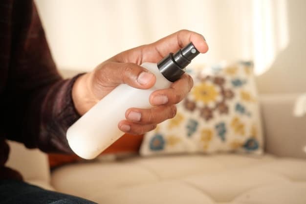 A hand holding a clear spray bottle is shown spraying the homemade air freshener into the air in a brightly lit living room. Soft, sheer curtains billow in the background, and the sunlight filters through them, creating a warm and inviting atmosphere. The focus is on the spray mist as it disperses into the air.